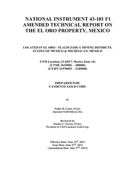 National Instrument 43-101 F1 Amended Technical Report on the El Oro Property, Mexico
