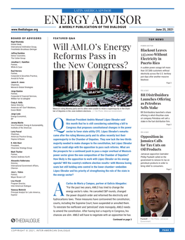 ENERGY ADVISOR a WEEKLY PUBLICATION of the DIALOGUE June 25, 2021