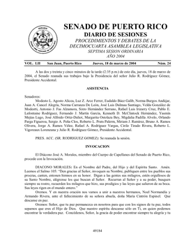 Senado De Puerto Rico Diario De Sesiones Procedimientos Y Debates De La Decimocuarta Asamblea Legislativa Septima Sesion Ordinaria Año 2004 Vol