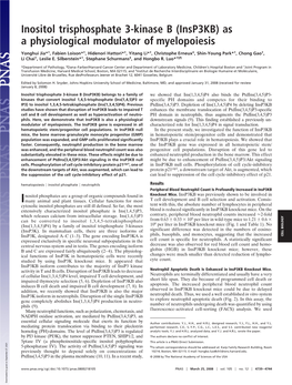 Inositol Trisphosphate 3-Kinase B (Insp3kb) As a Physiological Modulator of Myelopoiesis