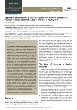 Application of Xylanas and Β-Glucanase to Improve Nutrient Utilization in Poultry Fed Cereal Base Diets: Used of Enzymes in Poultry Diet Heydar Zarghi*