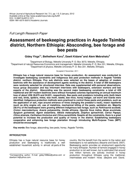 Assessment of Beekeeping Practices in Asgede Tsimbla District, Northern Ethiopia: Absconding, Bee Forage and Bee Pests