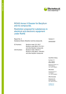 ROHS Annex II Dossier for Beryllium and Its Compounds. Restriction Proposal for Substances in Electrical and Electronic Equipment Under Rohs