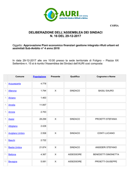 Deliberazione Assemblea AURI N.16 Del 29/12/2017