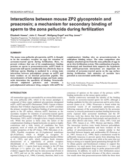 Binding of Mouse ZP2 to Sperm Proacrosin 4129 from the Speciﬁc Activity of Labelling and Avogadro’S Constant (Bleil Et Al., 1988)