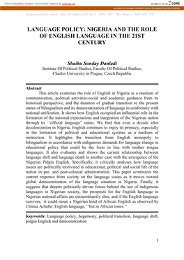 Language Policy: Nigeria and the Role of English Language in the 21St Century