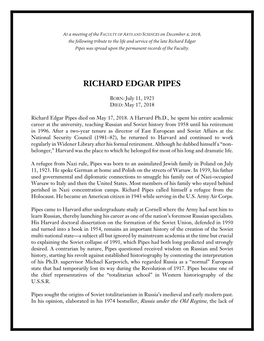 Richard Edgar Pipes Was Spread Upon the Permanent Records of the Faculty