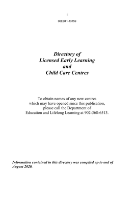 Directory of Licensed Early Learning and Child Care Centres