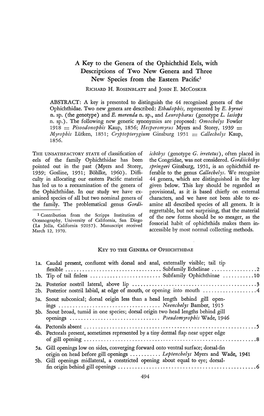 A Key to the Genera of the Ophichthid Eels, with Descriptions of Two New Genera and Three New Species from the Eastern Pacific' RICHARD H