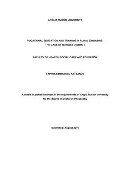 Anglia Ruskin University Vocational Education and Training in Rural Zimbabwe: the Case of Murewa District Faculty of Health, So