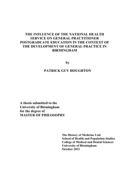 The Influence of the National Health Service on General Practitioner Postgraduate Education in the Context of the Development of General Practice in Birmingham