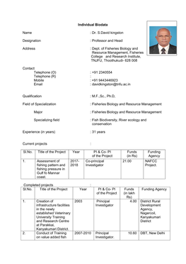 Individual Biodata Name : Dr. S.David Kingston Designation