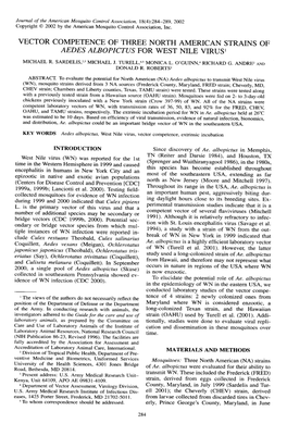 Vector Competence of Three North American Strains of Aedes Albopiczus for West Nile Virus'