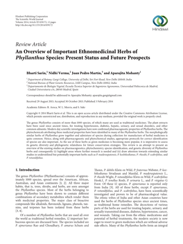 An Overview of Important Ethnomedicinal Herbs of Phyllanthus Species: Present Status and Future Prospects