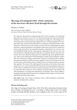 The Siege of Leningrad (1941–1944): Memories of the Survivors Who Have Lived Through the Trauma