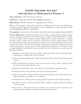MATH 5760/6890, Fall 2017 Introduction to Mathematical Finance I