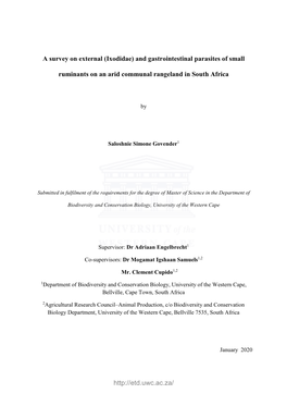 And Gastrointestinal Parasites of Small Ruminants on an Arid Communal Rangeland in South