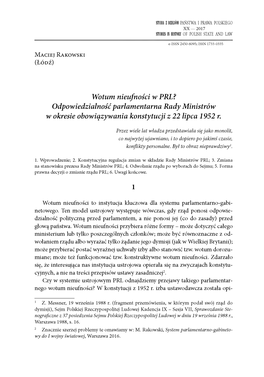 Wotum Nieufności W PRL? Odpowiedzialność Parlamentarna Rady Ministrów W Okresie Obowiązywania Konstytucji Z 22 Lipca 1952 R