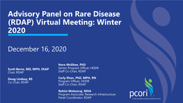 Advisory Panel on Rare Disease (RDAP) Virtual Meeting: Winter 2020