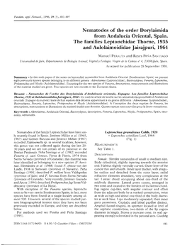 Nematodes of the Order Dorylaimida from Andalucia Oriental, Spain