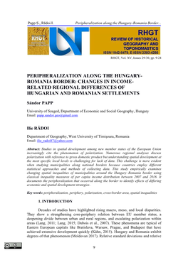 Peripheralization Along the Hungary- Romania Border: Changes in Income- Related Regional Differences of Hungarian and Romanian Settlements