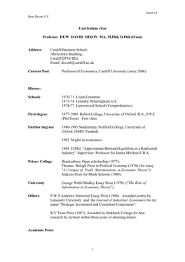 Curriculum Vitae Professor HUW DAVID DIXON MA, M.Phil, D.Phil