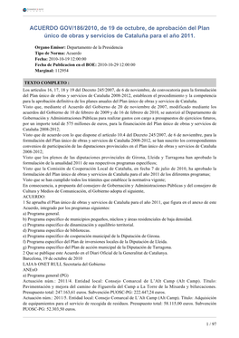 ACUERDO GOV/186/2010, De 19 De Octubre, De Aprobación Del Plan Único De Obras Y Servicios De Cataluña Para El Año 2011