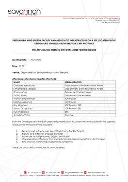 Vredenburg Wind Energy Facility and Associated Infrastructure on a Site Located on the Vredenburg Peninsula in the Western Cape Province