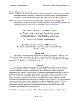 The Possible Effects on Bereavement of Assisted After-Death Communication During Readings with Psychic Mediums: a Continuing Bonds Perspective