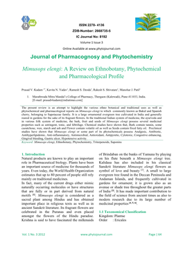 Mimusops Elengi: a Review on Ethnobotany, Phytochemical and Pharmacological Profile