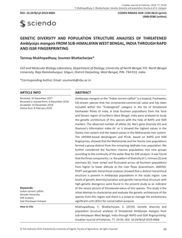 GENETIC DIVERSITY and POPULATION STRUCTURE ANALYSES of THREATENED Amblyceps Mangois from SUB-HIMALAYAN WEST BENGAL, INDIA THROUGH RAPD and ISSR FINGERPRINTING