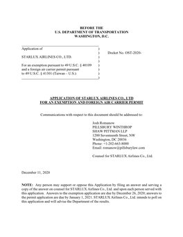 STARLUX AIRLINES CO., LTD. ) ) for an Exemption Pursuant to 49 U.S.C