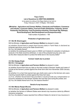 Rajya Sabha List of Questions for WRITTEN ANSWERS to Be Asked at a Sitting of the Rajya Sabha to Be Held on Friday, February 5, 2021/ 16 Magha, 1942 (Saka)