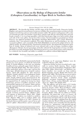 Observations on the Biology of Dryocoetes Betulae (Coleoptera: Curculionidae) in Paper Birch in Northern Idaho