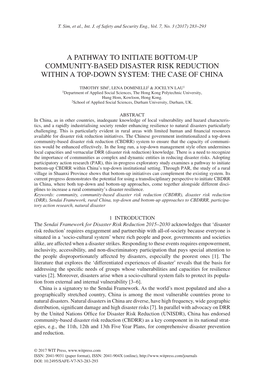 A Pathway to Initiate Bottom-Up Community- Based Disaster Risk Reduction Within a Top-Down System: the Case of China