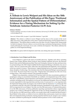 A Tribute to Lewis Wolpert and His Ideas on the 50Th Anniversary of the Publication of His Paper ‘Positional Information and the Spatial Pattern of Differentiation’