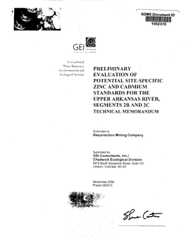 Preliminary Evaluation of Potential Site-Specific Zinc and Cadmium Standards for the Upper Arkansas River, Segments 2B and 2C Technical Memorandum