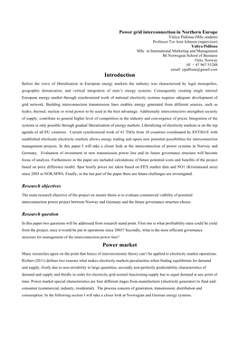 Paper I Will Take a Closer Look at the Interconnection of Power Systems in Norway and Germany