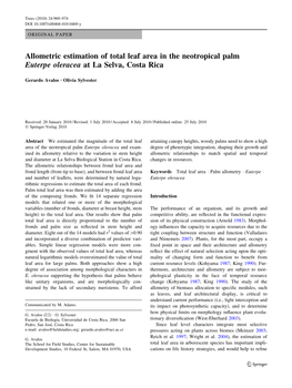 Allometric Estimation of Total Leaf Area in the Neotropical Palm Euterpe Oleracea at La Selva, Costa Rica