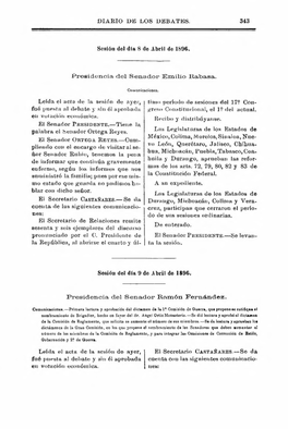 Sesión Del Día 8 De Abri I De 1896. México, Colima, Morelos, Sinaloa