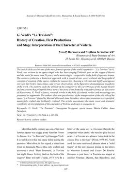 G. Verdi's “La Traviata”: History of Creation, First Productions And