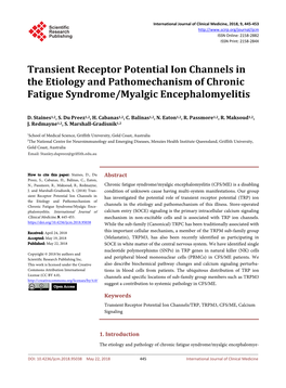 Transient Receptor Potential Ion Channels in the Etiology and Pathomechanism of Chronic Fatigue Syndrome/Myalgic Encephalomyelitis