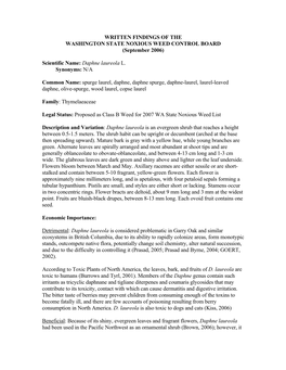 WRITTEN FINDINGS of the WASHINGTON STATE NOXIOUS WEED CONTROL BOARD (September 2006)