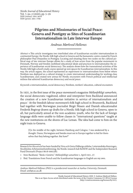 Pilgrims and Missionaries of Social Peace: Geneva and Pontigny As Sites of Scandinavian Internationalism in Late Interwar Europe Andreas Mørkved Hellenes