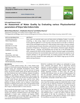 An Assessment of Water Quality by Evaluating Various Physicochemical Parameters of Sirpur Lake Indore India