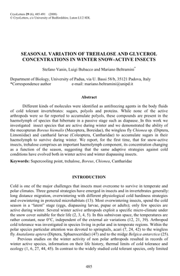 Seasonal Variation of Trehalose and Glycerol Concentrations in Winter Snow-Active Insects