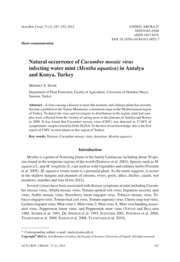 Natural Occurrence of Cucumber Mosaic Virus Infecting Water Mint (Mentha Aquatica) in Antalya and Konya, Turkey