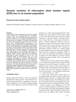 Genetic Variation of Informative Short Tandem Repeat (STR) Loci in an Iranian Population