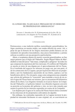 El Litigio Del Tlahualilo: Presagio De Un Derecho De Propiedad Sin Arrogancia*