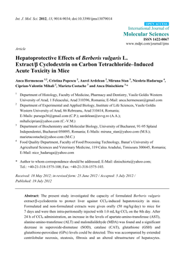 Hepatoprotective Effects of Berberis Vulgaris L. Extract/Β Cyclodextrin on Carbon Tetrachloride–Induced Acute Toxicity in Mice